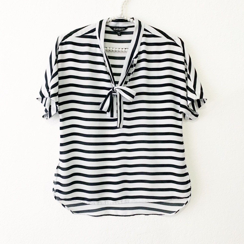 Express Black & White Striped Tie Front Blouse XS